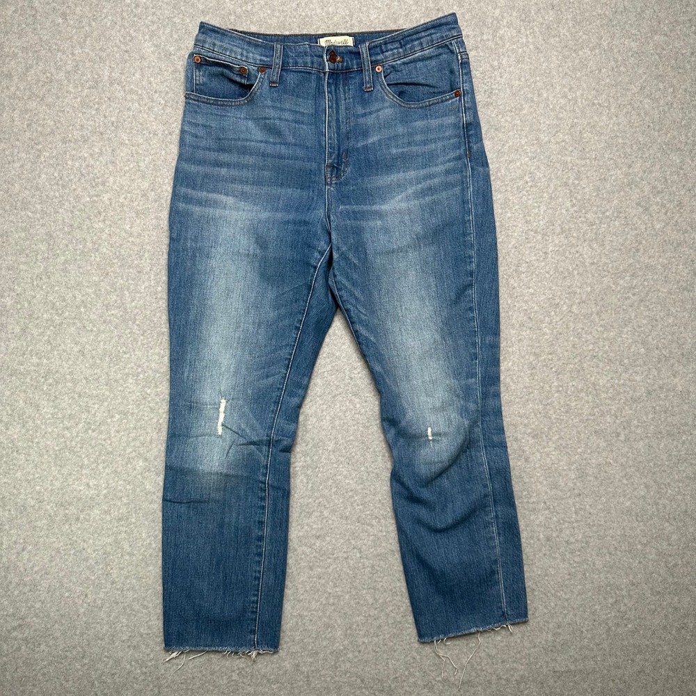 Madewell High-Rise Slim Crop Boyjean Distressed Blue Raw Hem Jeans‎ Size 28